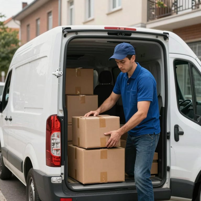 A delivery professional loading packages into a clean white van in an urban European neighborhood.