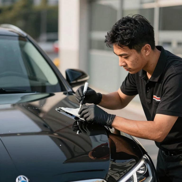 A professional car wash attendant finishing a luxury car detail, morning light, crisp focus.