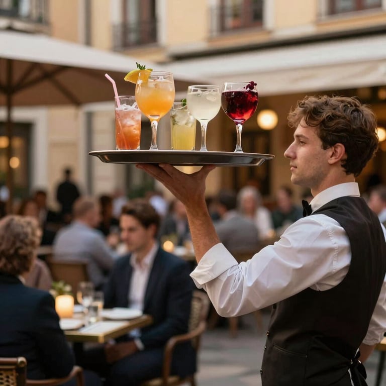 A hospitality server balancing a tray of drinks in a busy European lounge, warm evening lighting.