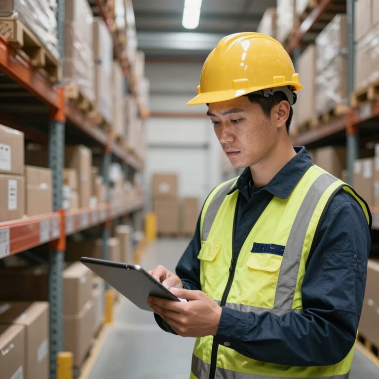 A warehouse worker using a tablet to check inventory in a clean, organized logistics facility.