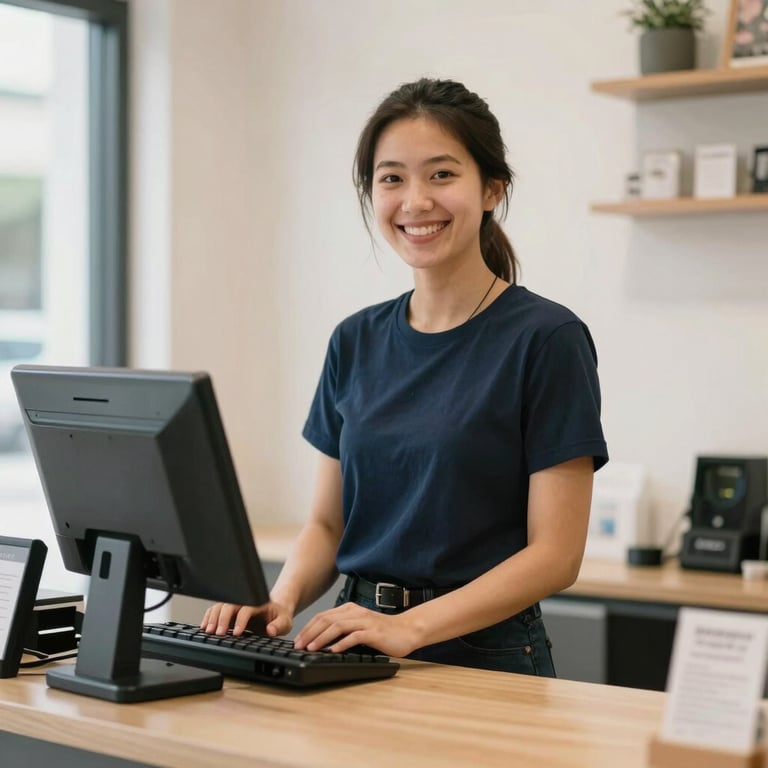 A friendly cashier at a small business checkout counter, bright and entrepreneurial vibe.