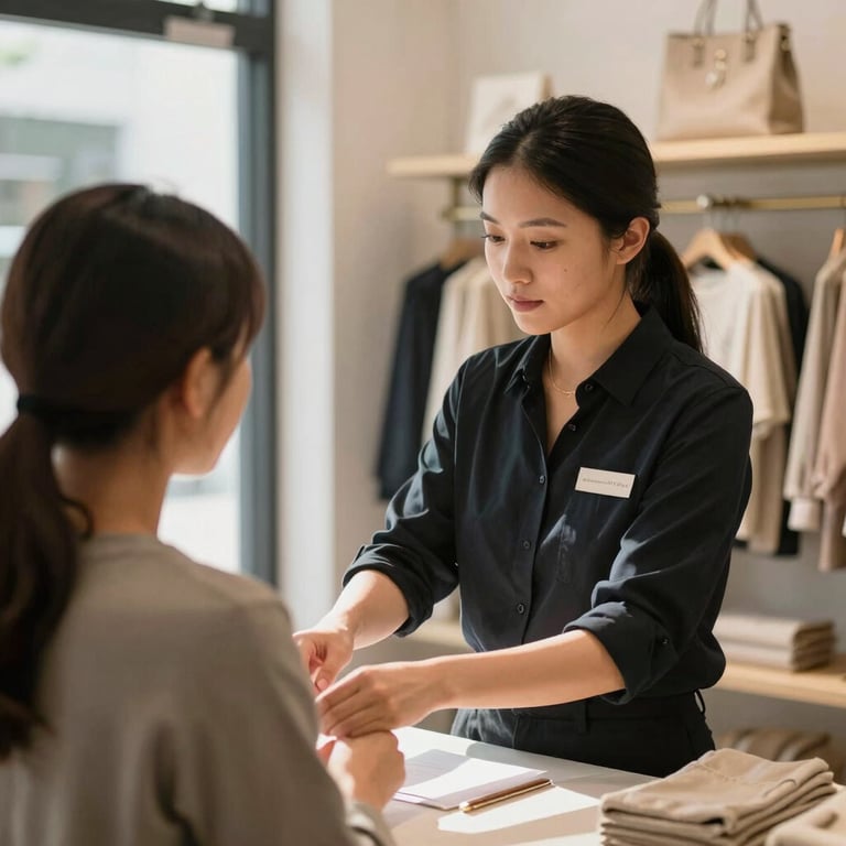 A focused retail employee assisting a customer in a modern boutique, bright daylight, North American setting.