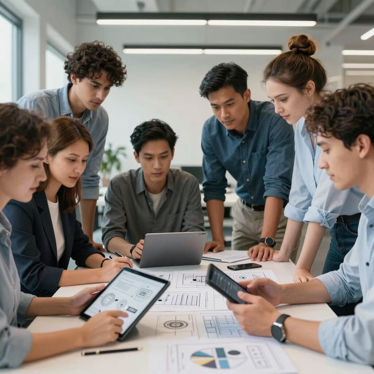 A diverse team of professionals in a modern office collaborating around a table with tablets and technical diagrams.