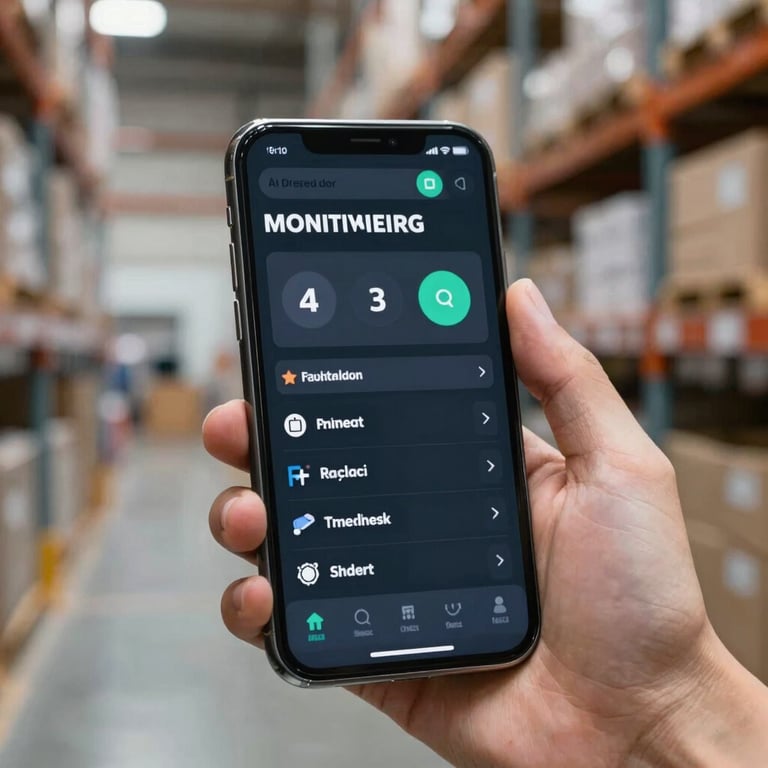 A close-up of a hand holding a smartphone displaying an AI-driven operational monitoring dashboard in a warehouse setting.