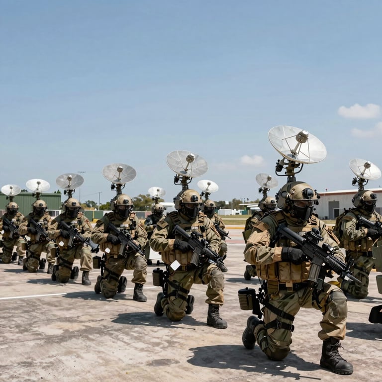A fleet of tactical units with satellite communication equipment parked in a structured formation under the bright Mexican sun.