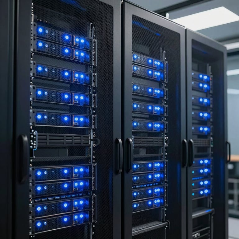 High-tech server racks with vibrant blue lights in a carrier-grade data center facility.