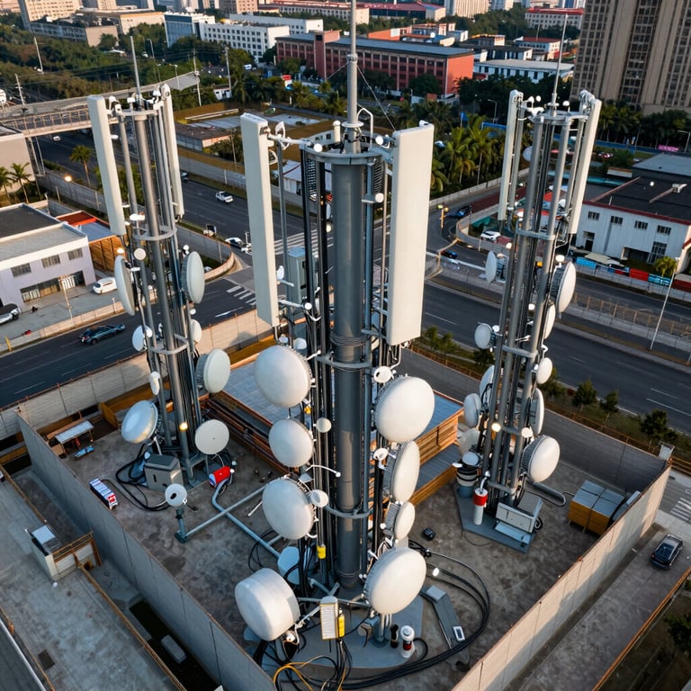 Aerial view of a city infrastructure integration project featuring communication antennas and smart lighting systems.
