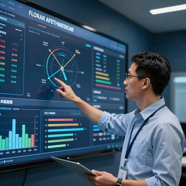 Professional South American engineer pointing at a large wall-mounted data visualization dashboard in a dark blue control room.