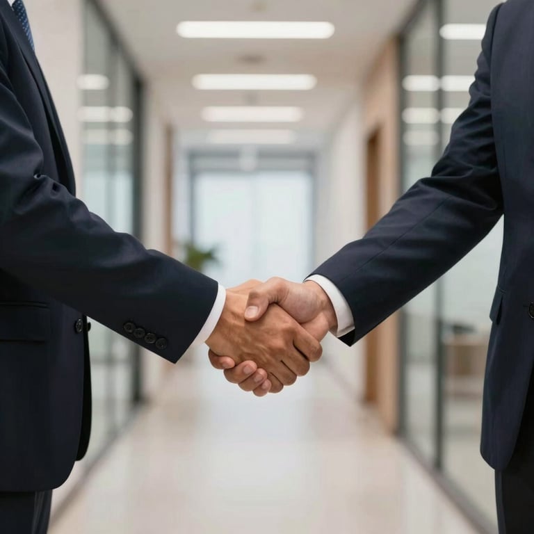 A firm, professional handshake between two individuals in a bright, contemporary office hallway in Latin America.