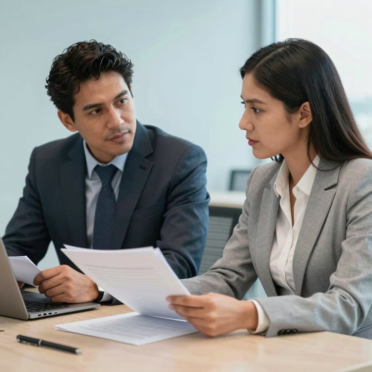 Two professionals in Latin American business attire discussing documents in a bright, modern meeting room with light blue wall accents.
