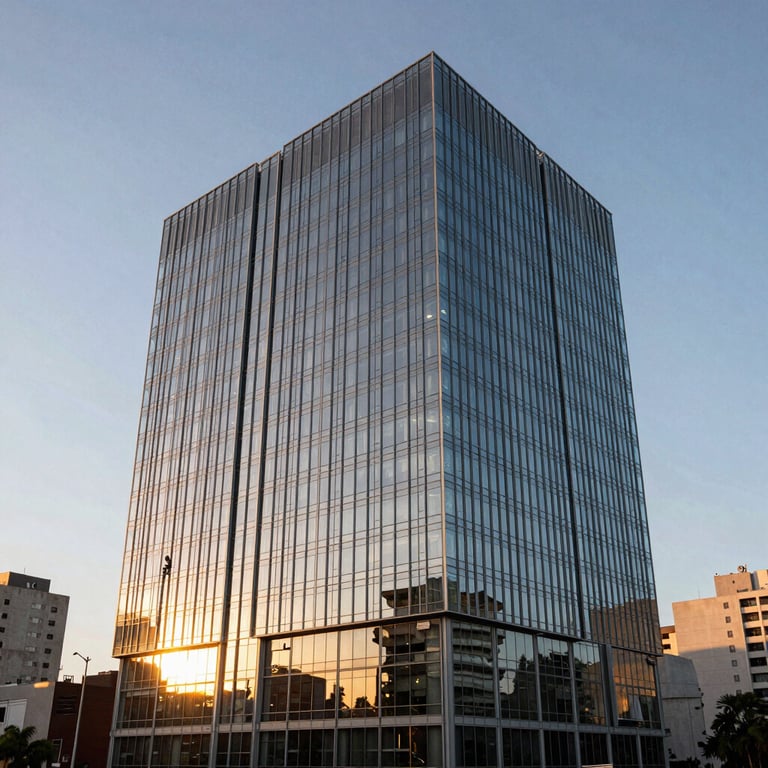 Modern glass office building at sunset in a Latin American business district, emphasizing a professional and trustworthy corporate image.