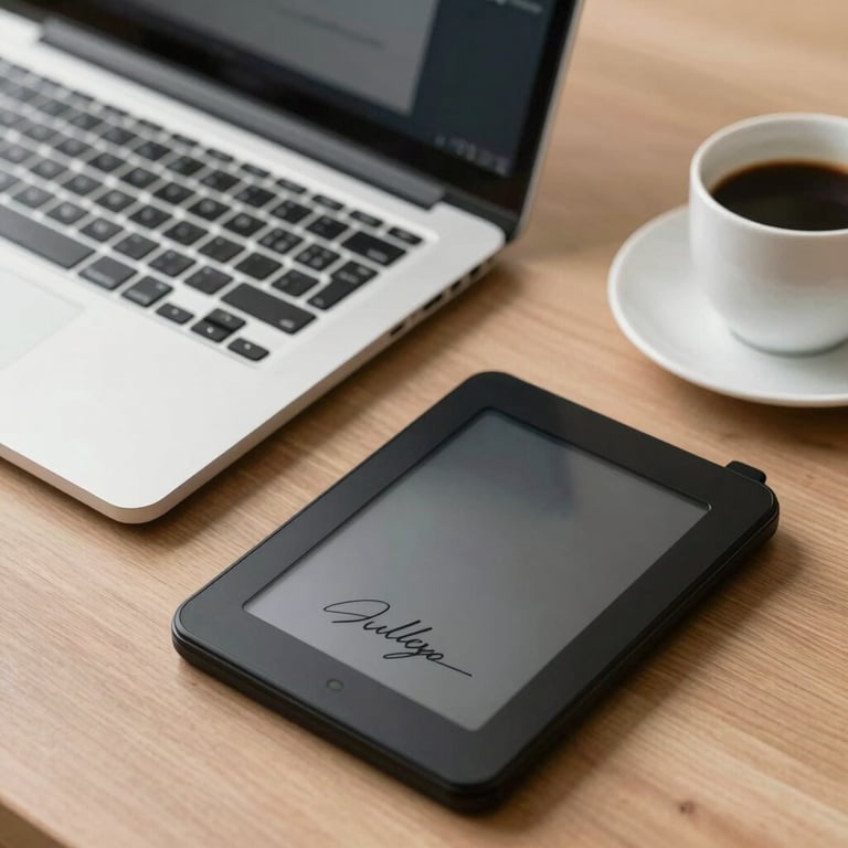 A tidy workspace with a high-end laptop, a digital signature pad, and a coffee cup, representing clarity and efficiency in digital processes.