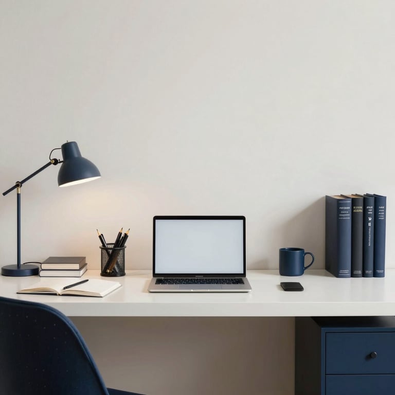 An organized home office desk with minimalist decor in off-white and navy blue tones, representing peace of mind and streamlined work.
