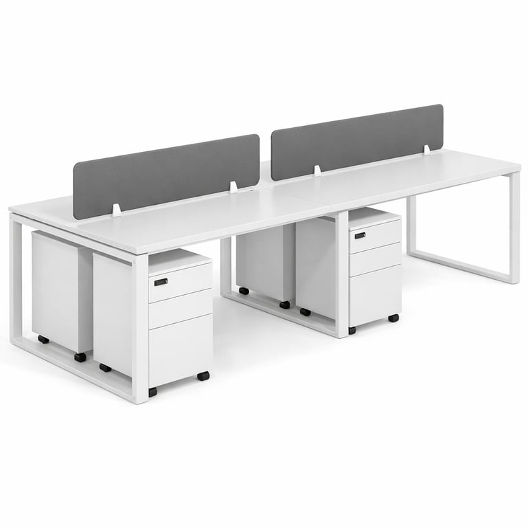 White 4-person office workstation desk with grey acoustic privacy screens and mobile filing cabinets.