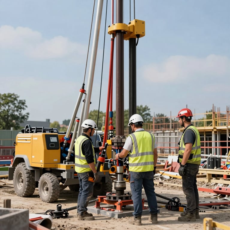 Construction workers on a site in Slovakia installing a complex well drilling rig with modern safety gear.