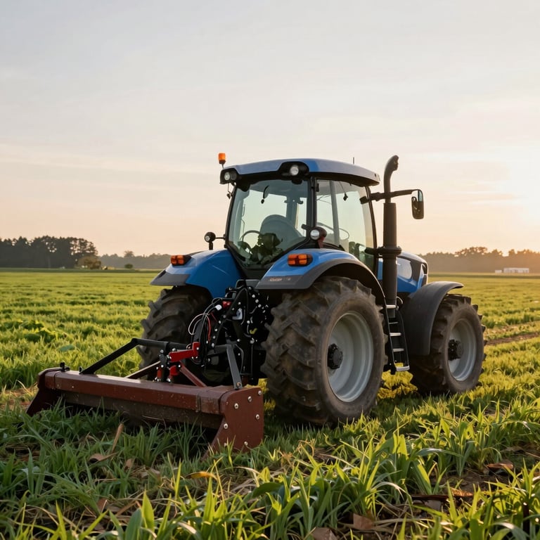 Modern tractor working in a lush Central European field during sunrise, symbolizing agriculture and forestry services.