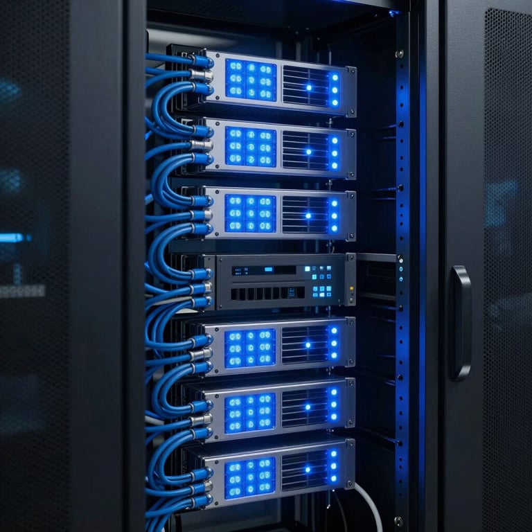 A professional IT server room with glowing blue lights and organized cables, reflecting data processing excellence.