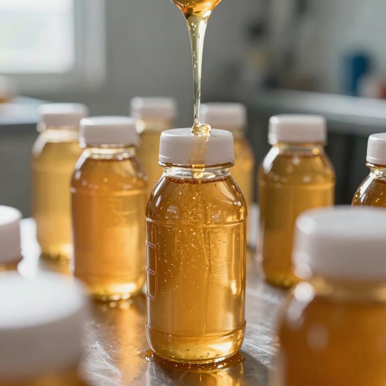 Close-up of golden honey being bottled in a clean, sunlit facility with a professional aesthetic.