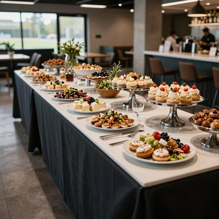 Elegantly set catering table in a modern sports facility lounge, reflecting hospitality and regeneration services.