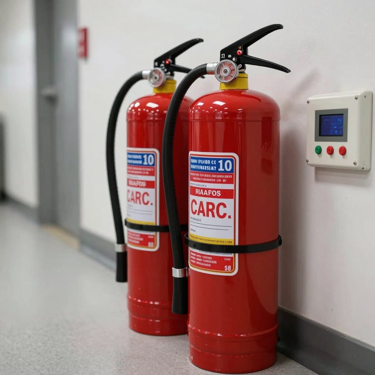 Industrial fire safety equipment including red extinguishers and a digital control board in a clean hallway.