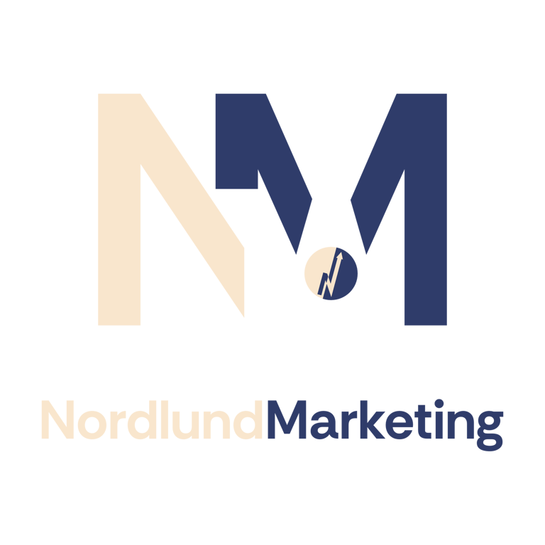 Nordlund Marketing logo with blue and tan NM initials and upward arrow icon on a black background.