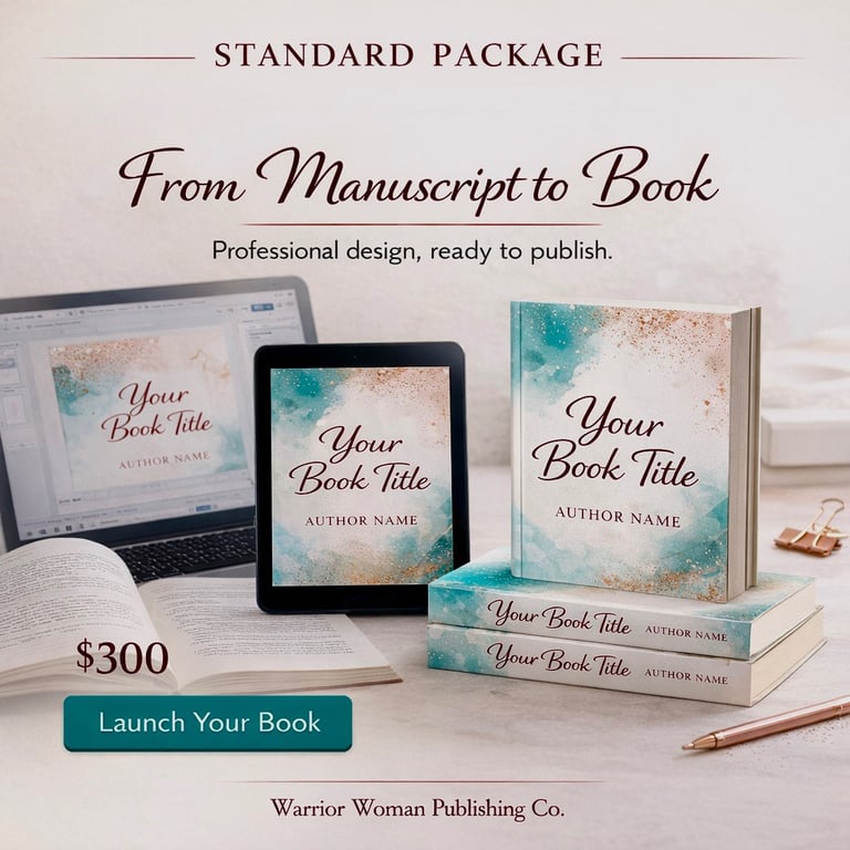 Professional book design service package featuring print books, an ebook on a tablet, and a laptop mockup.