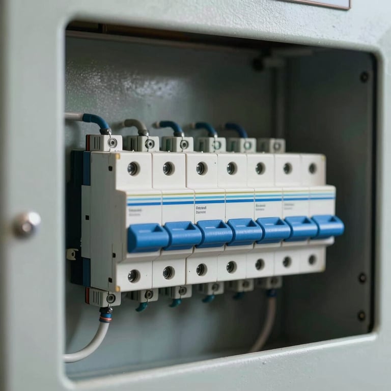 A close-up of a perfectly organized residential electrical panel with new circuit breakers, showcasing professional workmanship in steel blue and off-white.