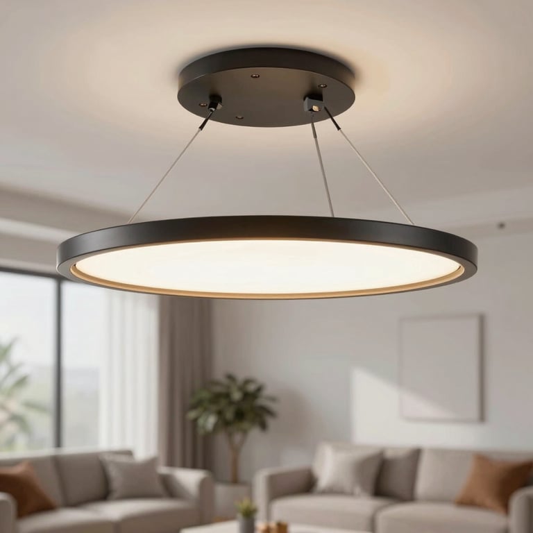 Detailed photography of a newly installed, modern light fixture in a bright North American living room, highlighting clean installation.