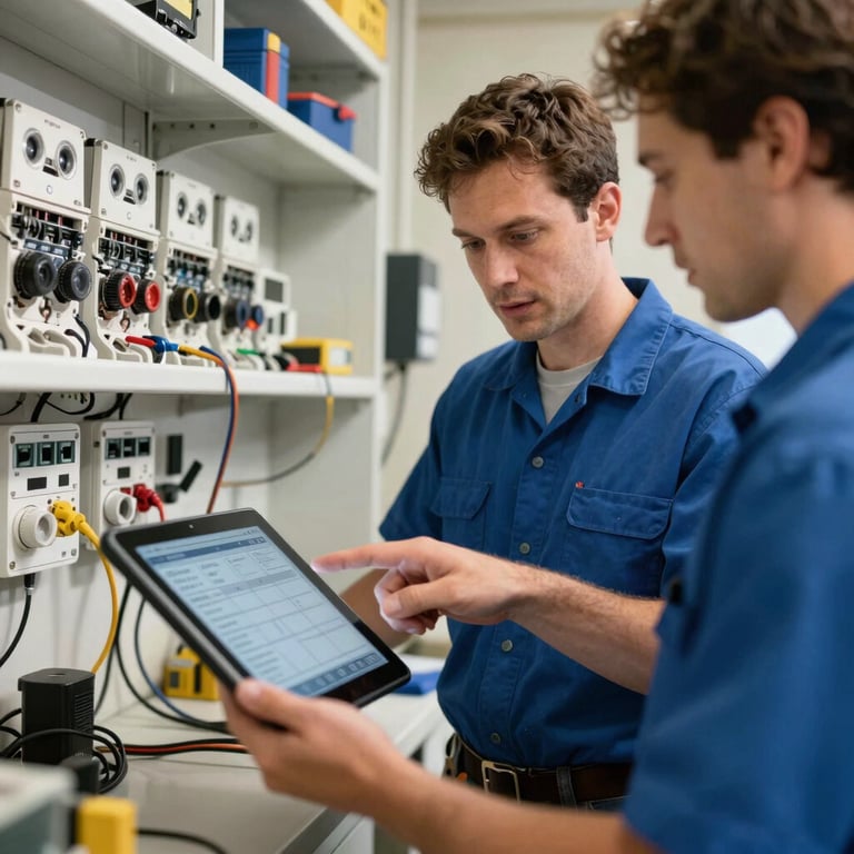 A professional electrician pointing at a diagnostic reading on a tablet while talking to a client in Ocean Springs, Mississippi.