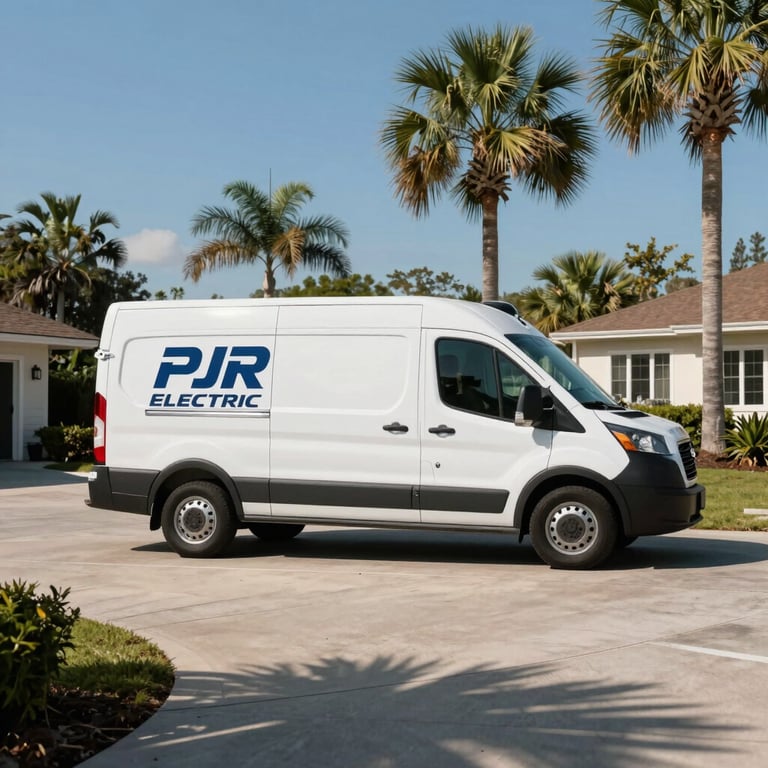 A wide shot of a clean, branded PJR Electric service van parked in a sunny North American / US Gulf Coast driveway with palm trees in the background.