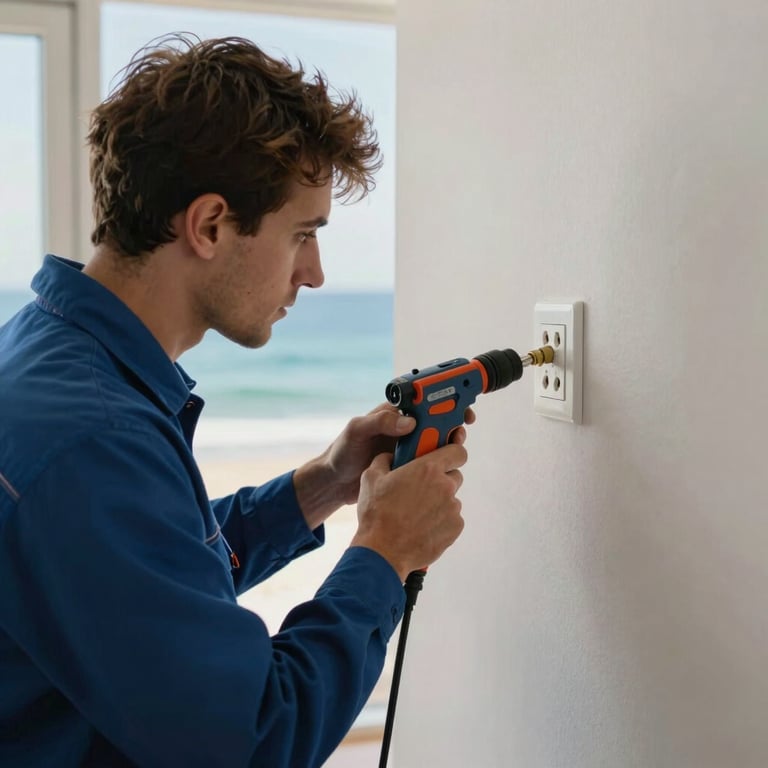 A technician in a professional uniform using a specialized tool to troubleshoot a wall outlet in a coastal-style home.