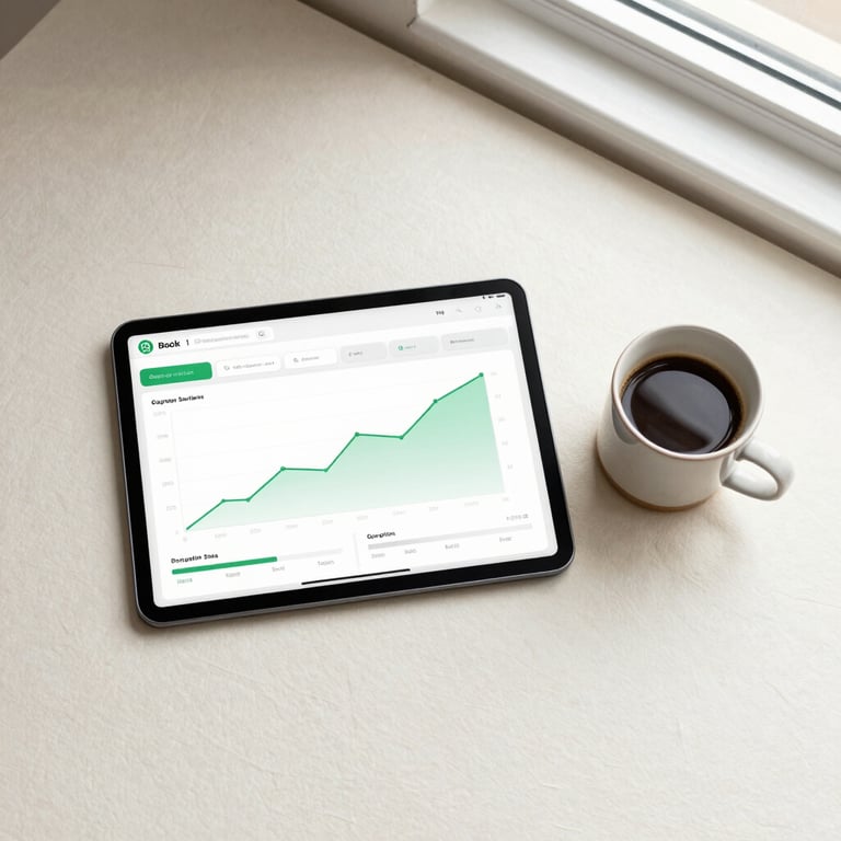 Overhead flat-lay of a clean minimalist workspace, a tablet displaying a modern book sales analytics dashboard with rising green line graphs next to a ceramic coffee mug on textured cream paper, soft natural window light.