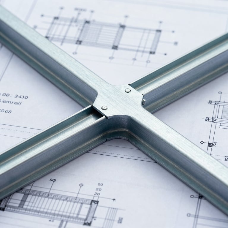 Close-up of a highly detailed structural engineering drawing, showing steel beam connections, calculations, and timber joist layout, clean blueprint aesthetic, high contrast.