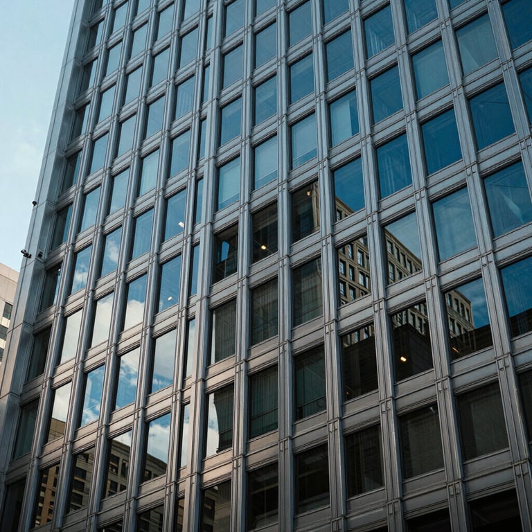 A modern corporate architectural detail in a US city with steel blue window reflections against a clear sky.
