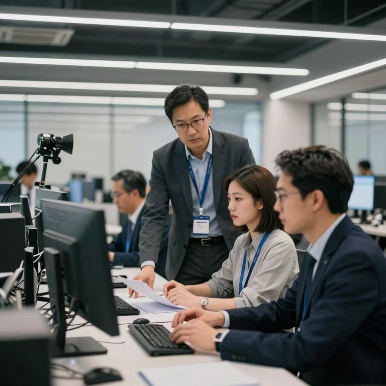 A group of professionals in a high-tech North American workspace, collaborating in a sophisticated environment.