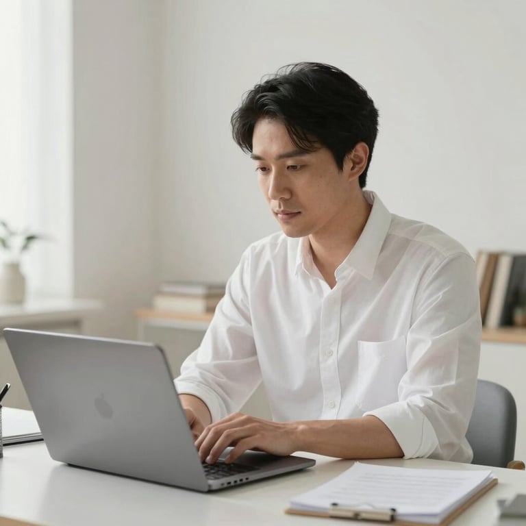 A professional adult learner in a North American home office, using a sleek laptop. Lighting is soft and bright off-white.