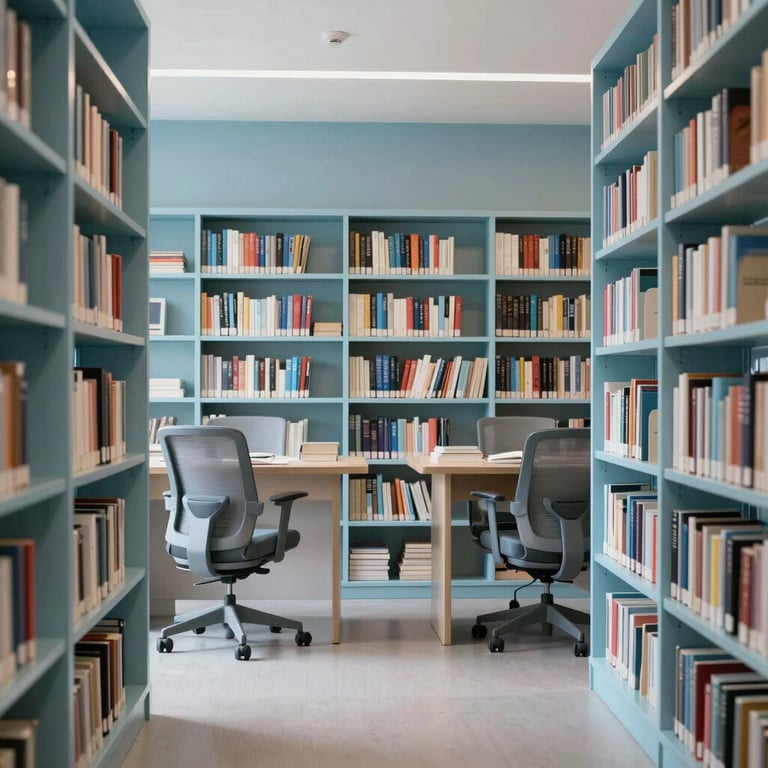 A clean, minimalist library setting with light blue accents and modern ergonomic furniture.