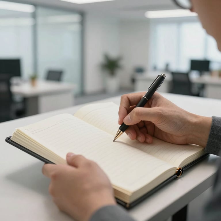 Hands of a professional writing in a digital planner, set against a bright, modern US office backdrop.