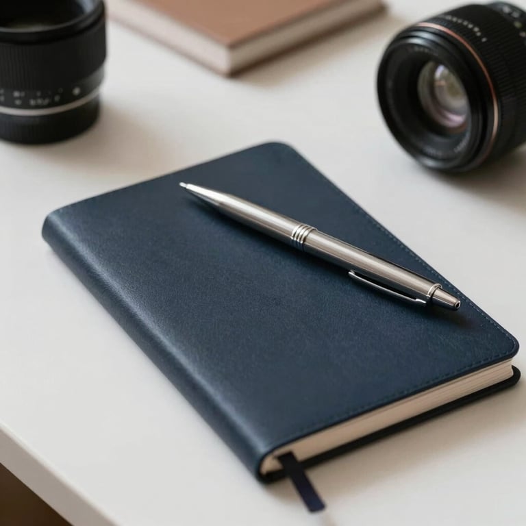 Close up of a professional workspace with a dark navy notepad and a silver pen on a clean, white desk.