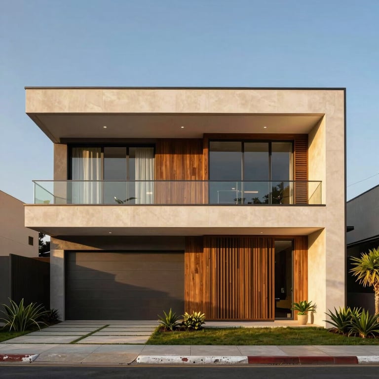 Modern luxury house facade in Campinas at golden hour, South American style.
