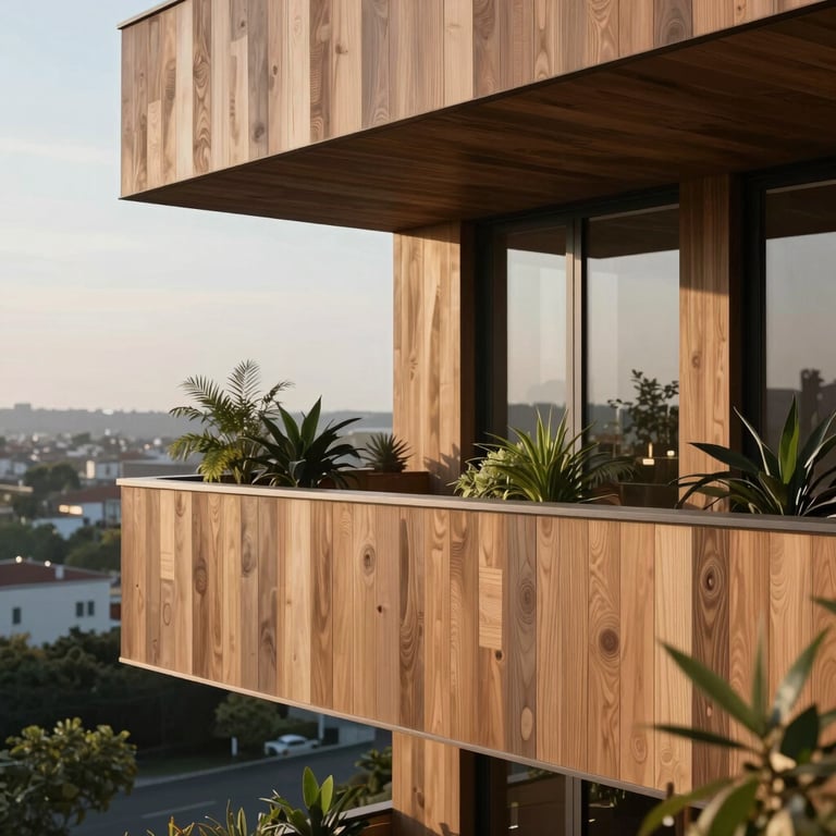 Minimalist balcony of a high-end apartment with plants and wooden textures.