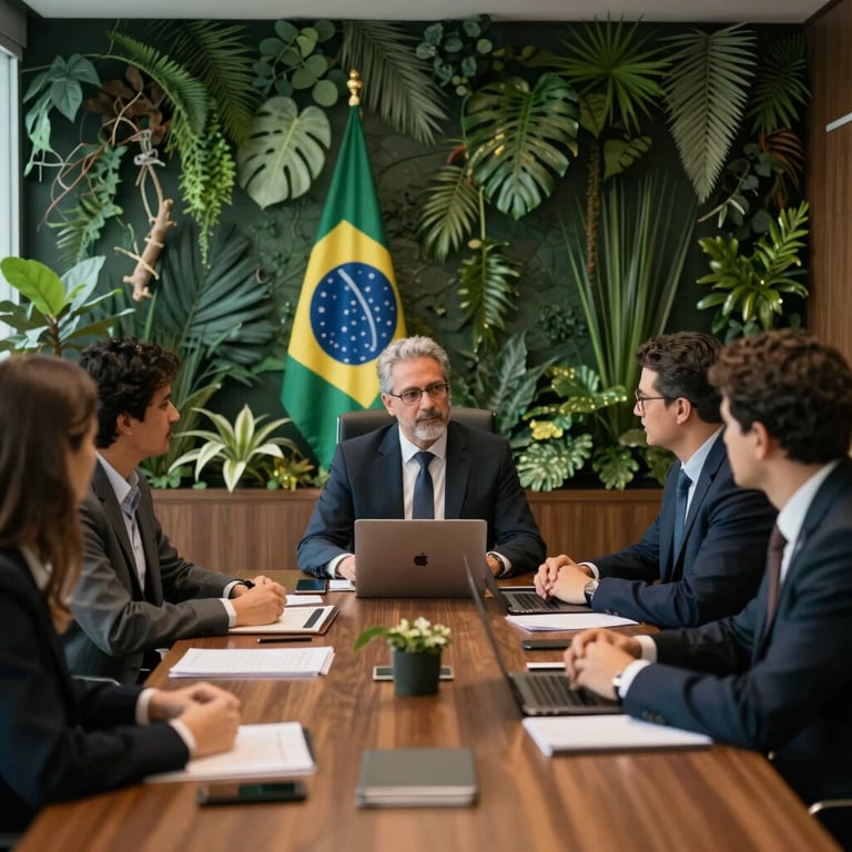 A professional meeting in a sophisticated Brazilian office with dark forest green accents.