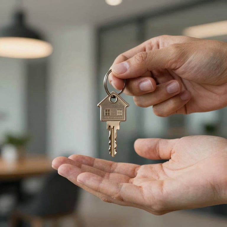 Close-up of hands exchanging house keys, blurred modern background, elegant lighting.