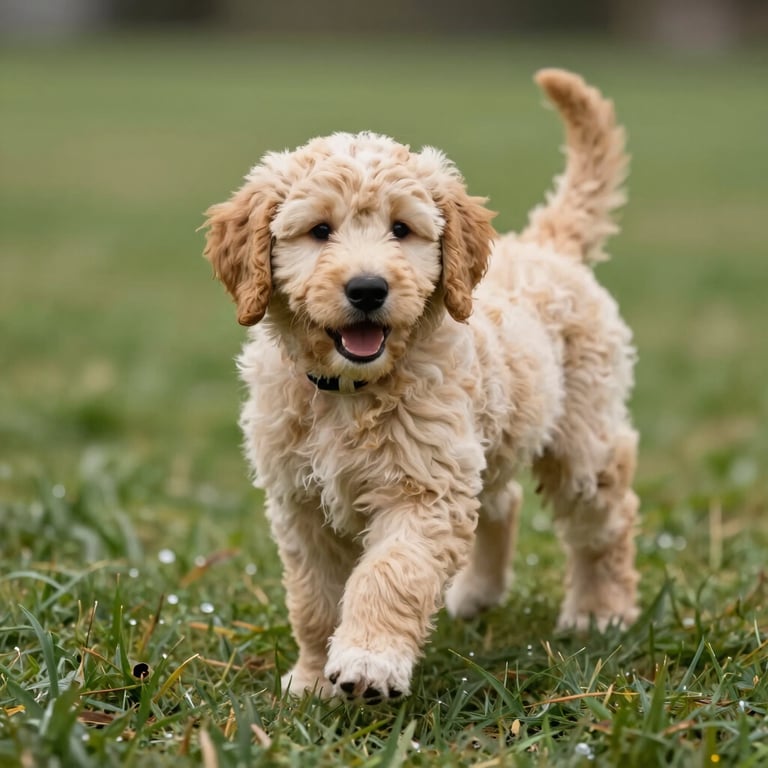 A happy Goldendoodle puppy playing gently on a clean lawn, soft overcast lighting, natural and joyful expression.
