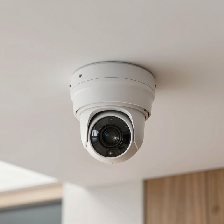 A professional-grade security camera mounted on a clean, off-white ceiling inside a modern North American lobby. Sharp focus, bright lighting.