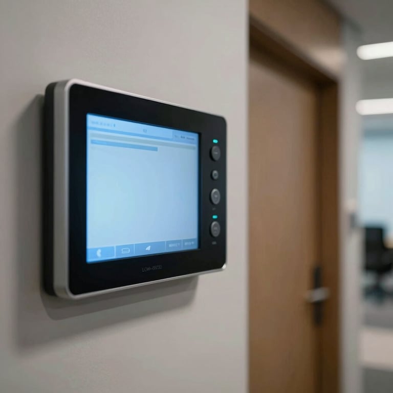 Close-up of a sleek, wall-mounted building automation touchscreen interface glowing with soft light blue light in a modern US office corridor.