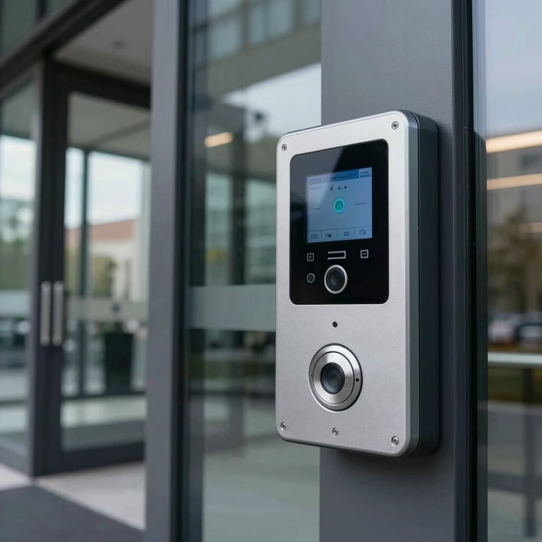 A modern electronic access control system at the glass entrance of a sleek North American corporate headquarters during the day.