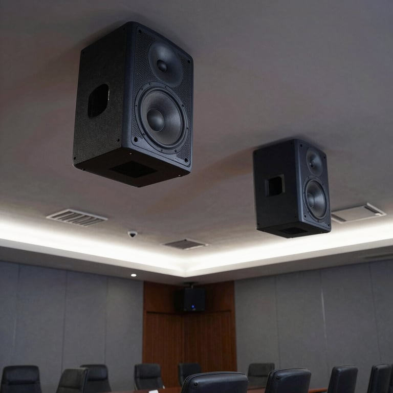 High-end commercial audio speakers integrated into the ceiling of a professional conference room with sophisticated dark navy and gray decor.