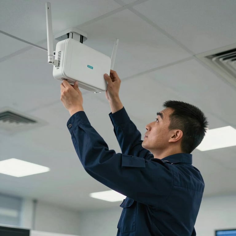 A technician in a professional navy uniform installing a high-speed wireless access point on a high ceiling of a contemporary North American workspace.