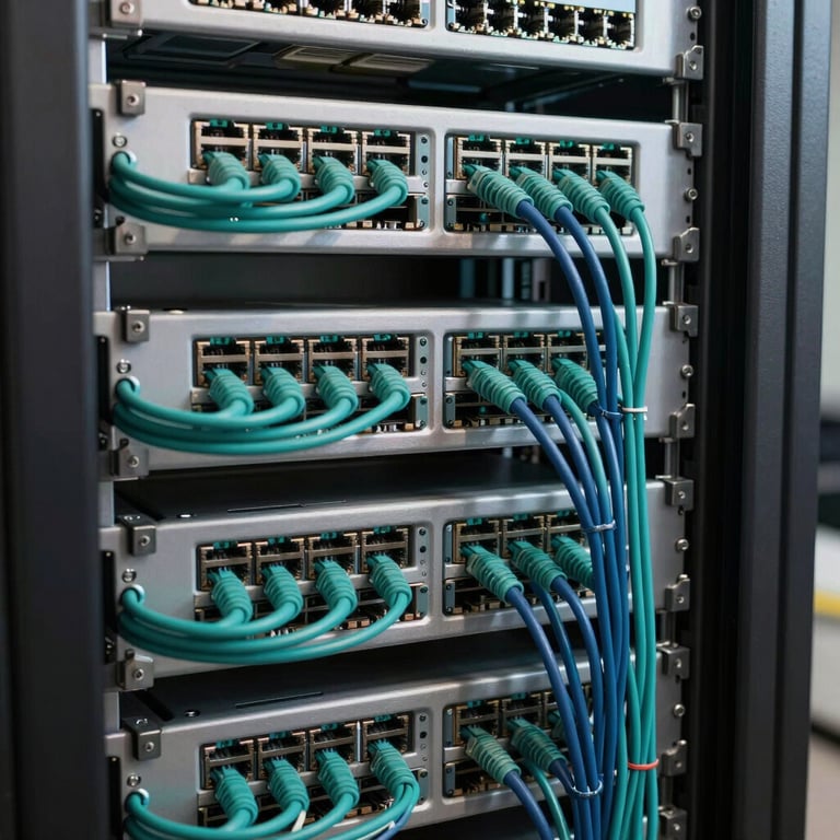 Interior of a modern data rack with perfectly organized teal and navy network cables, demonstrating expert craftsmanship and clarity.